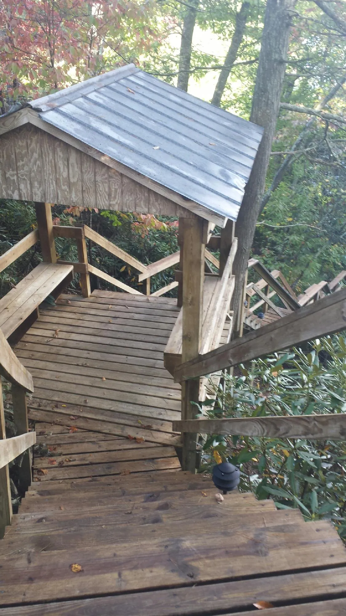 Metal roofed shelter over wooden steps on a wooded walkway — Skylight Repair & Installation work by our crew in Evansdale